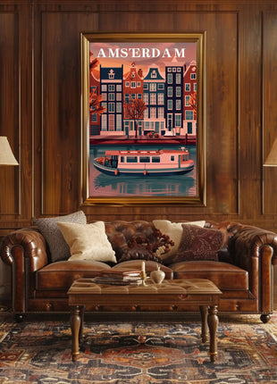 Amsterdam Canal Houses: Warm Scenic Travel Poster