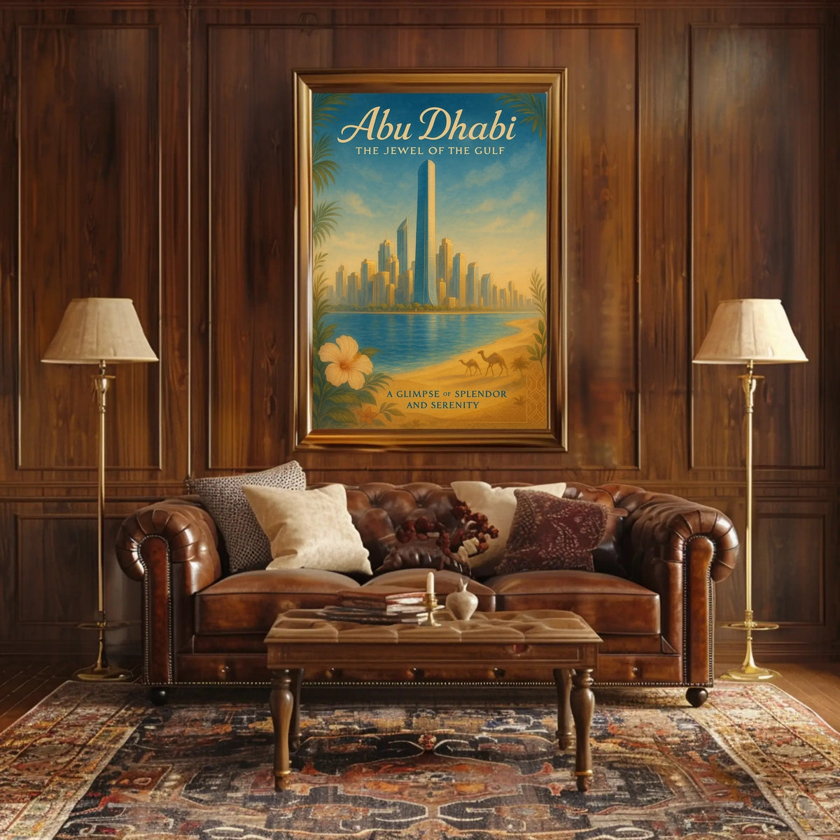 Abu Dhabi Cityscape with Camels Travel Poster