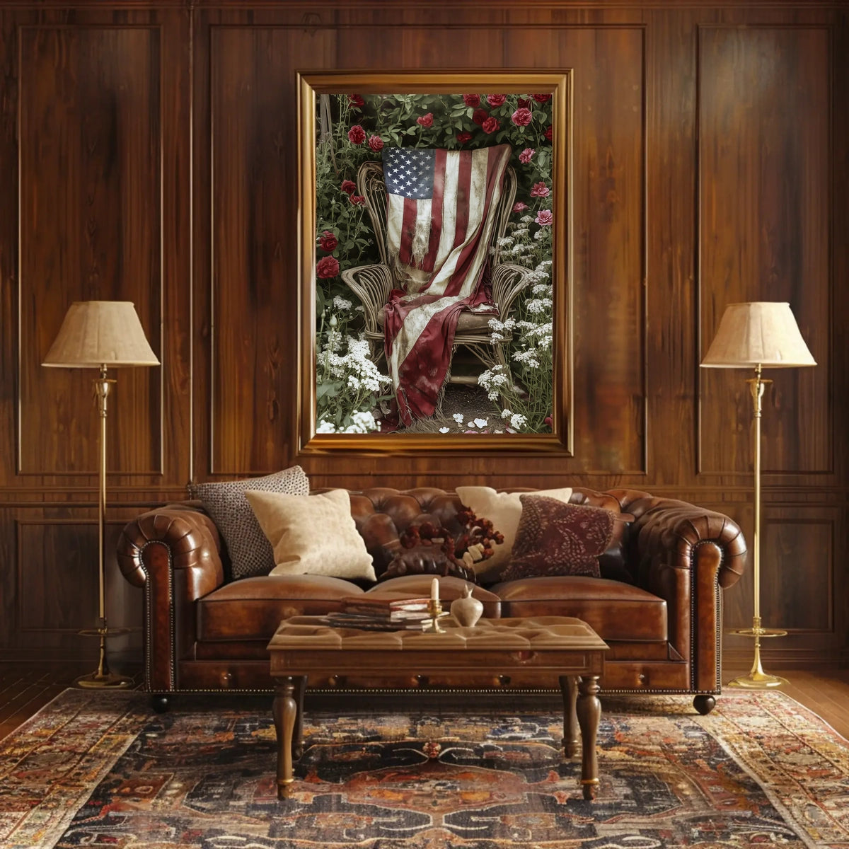 rustic garden chair with an old American flag draped Poster