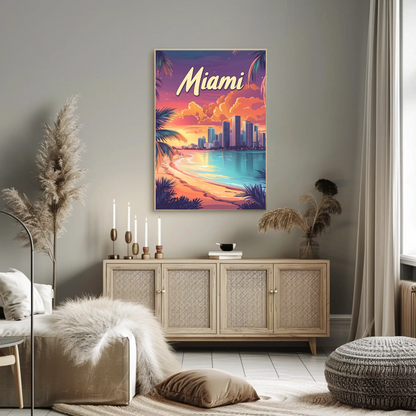 Miami Beach Sunset Vintage Travel Poster