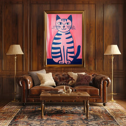 Pink Cat Poster Whimsical Art Print Wall Decor