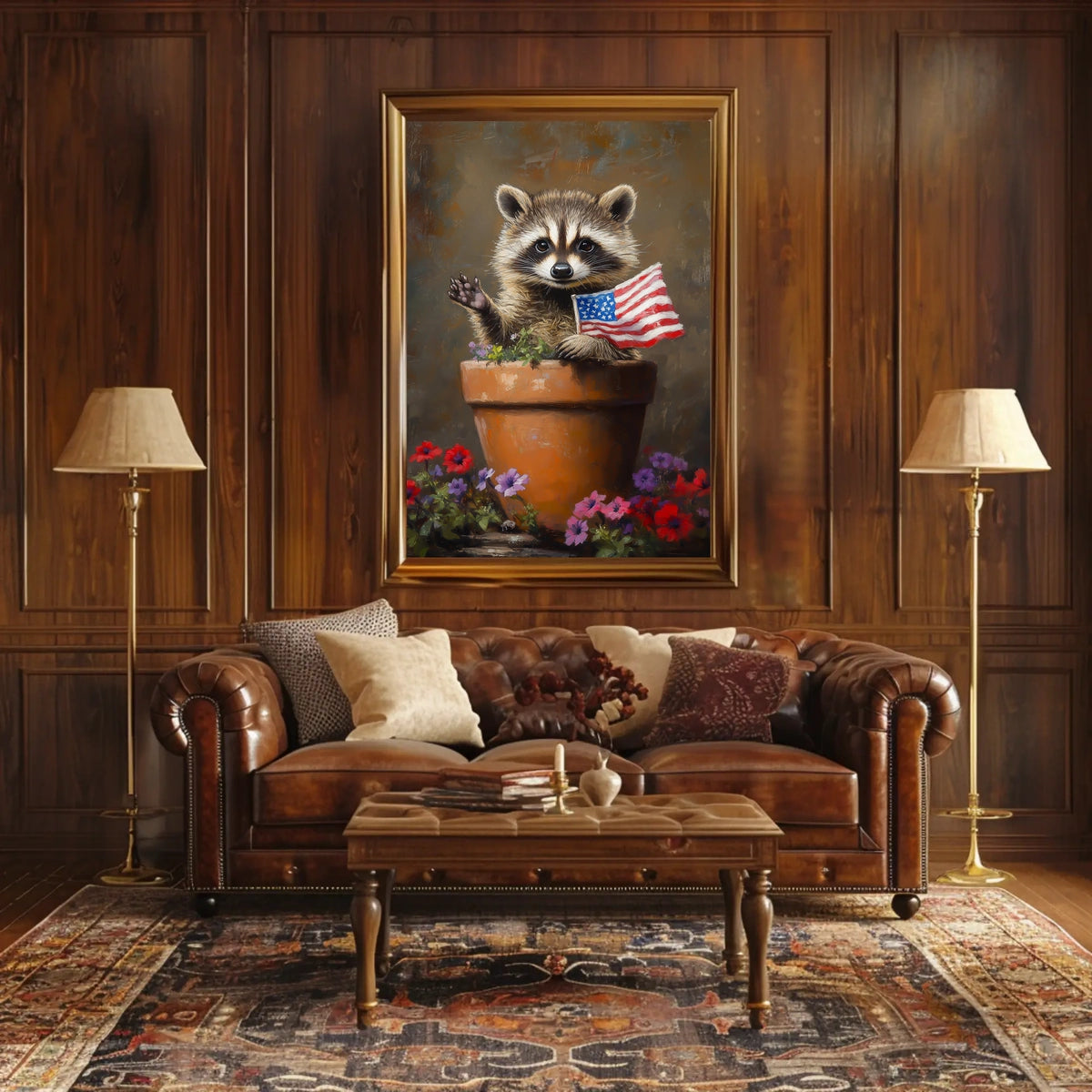 raccoon popping out of a large clay flowerpot Poster