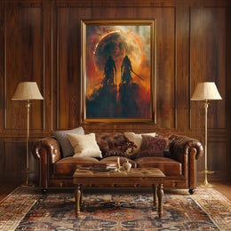 Epic Warriors Under Fiery Moon Fantasy or Mythology Poster PosterGoat