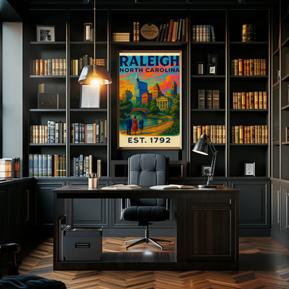 Raleigh North Carolina Skyline River Sunset Travel Poster