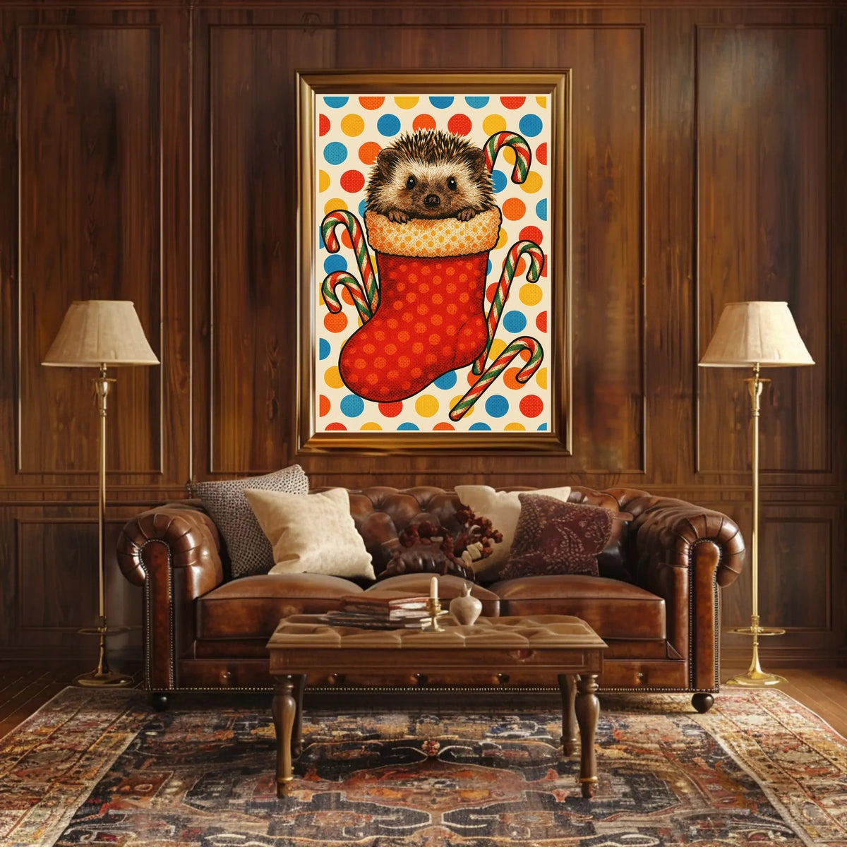 Festive Hedgehog In A Stocking Woodland Animals Holiday Wall Art For Christmas Decor Poster