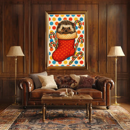Festive Hedgehog In A Stocking Woodland Animals Holiday Wall Art For Christmas Decor Poster