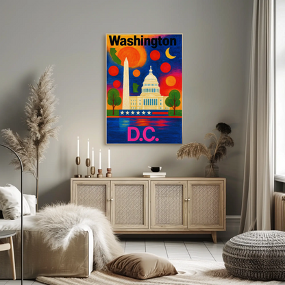 Washington DC Capitol Monument Patriotic Night Vintage Travel Poster
