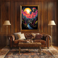 Vibrant Surreal Landscape Poster with Hot Air Balloons