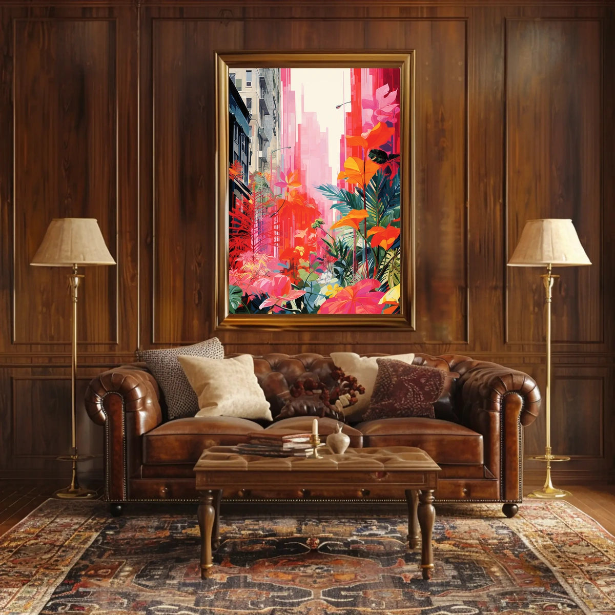 Urban Nature Fusion: Vibrant Cityscape Meets Botanical Wonderland Poster