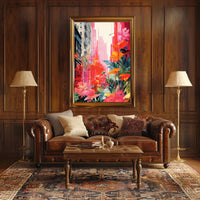 Urban Nature Fusion: Vibrant Cityscape Meets Botanical Wonderland Poster