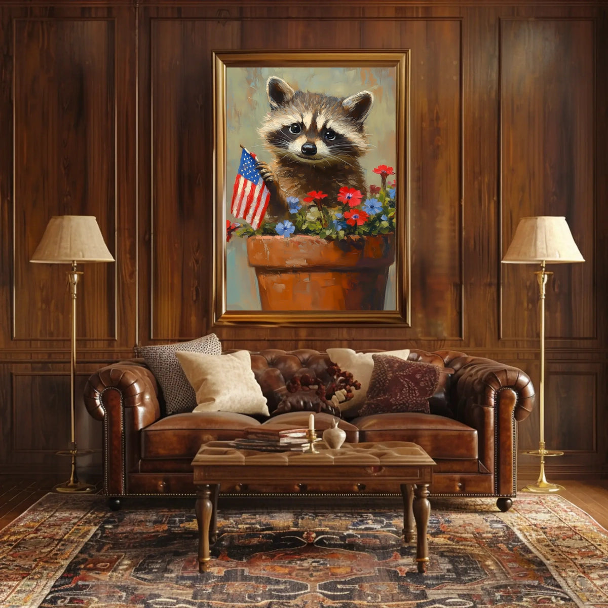 raccoon popping out of a large clay flowerpot Poster