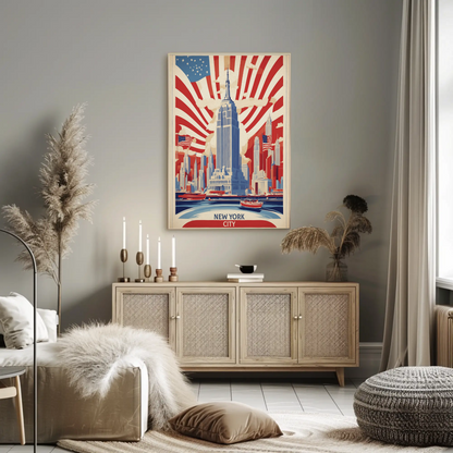 New York Empire Skyline Flags Vintage Travel Poster