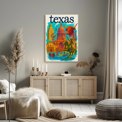 Texas Capitol Cowboy Longhorn Windmill History Vintage Travel Poster