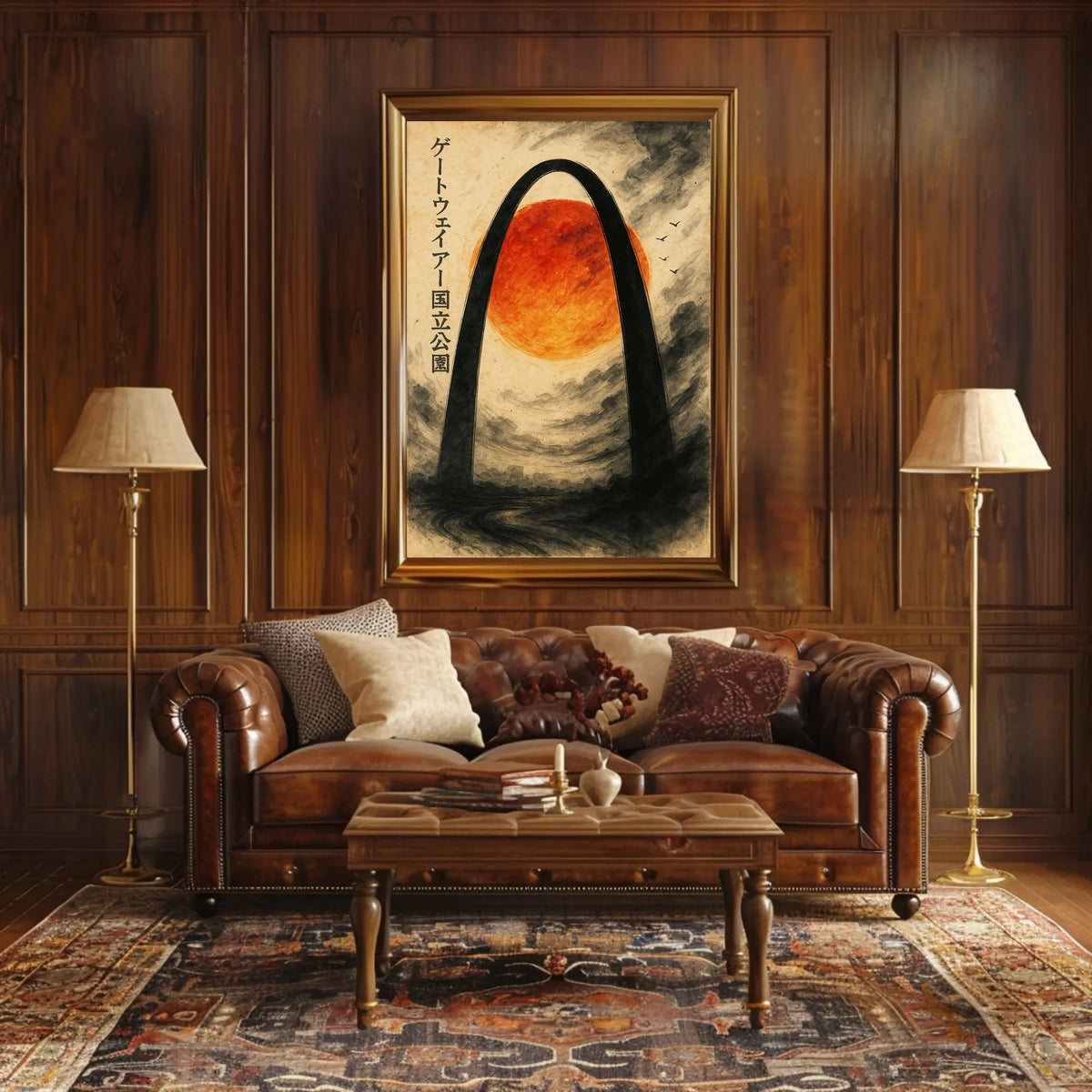 Stylized Arch and Red Sun Vintage Artistic Japanese Poster