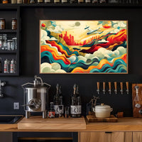 The poster features a vibrant and dynamic abstract illustration depicting an airplane soaring Travel Poster