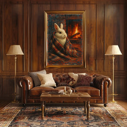 Cozy Rabbit by the Fireplace Poster