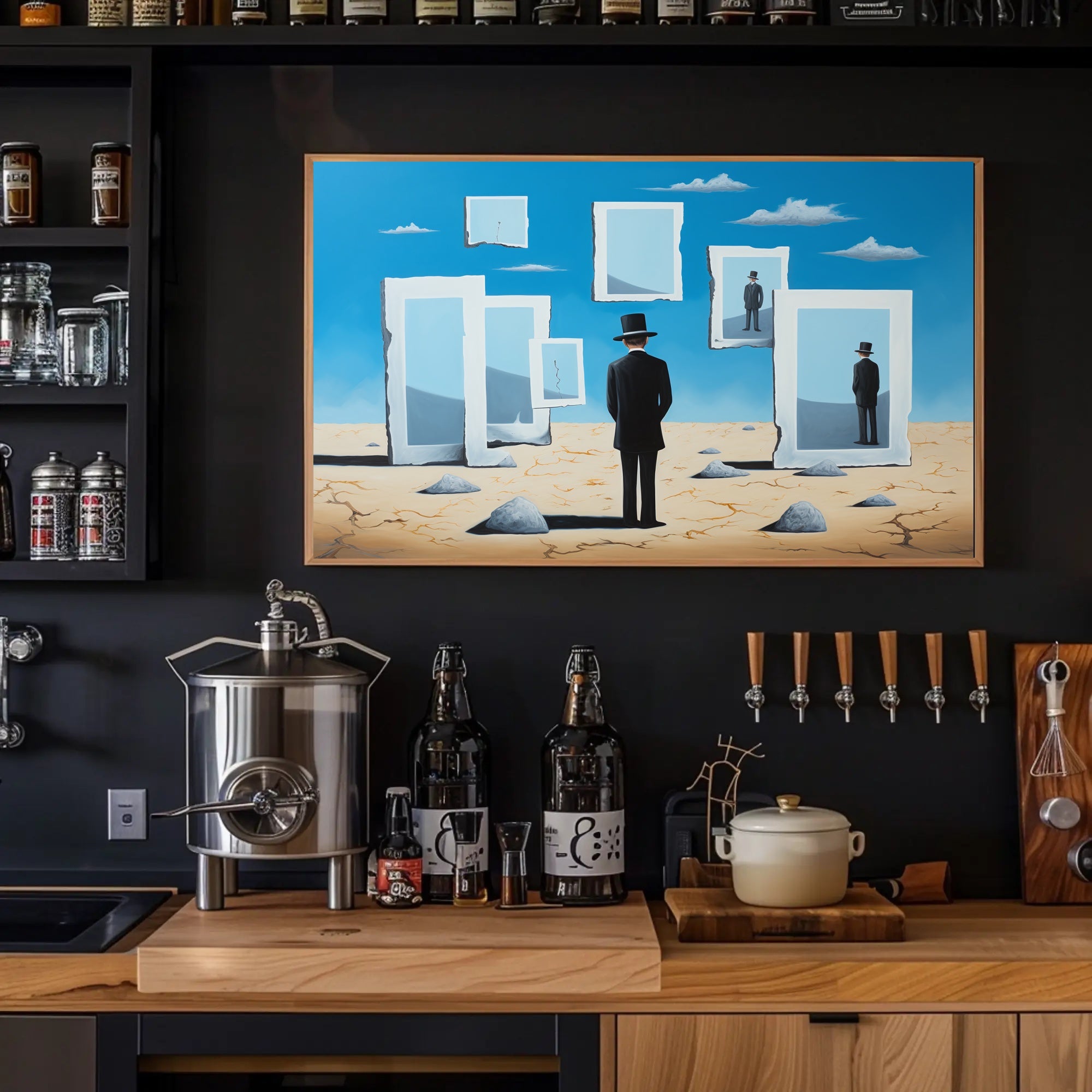 Surreal Desert Landscape with Bowler Hat Figure Artistic Poster