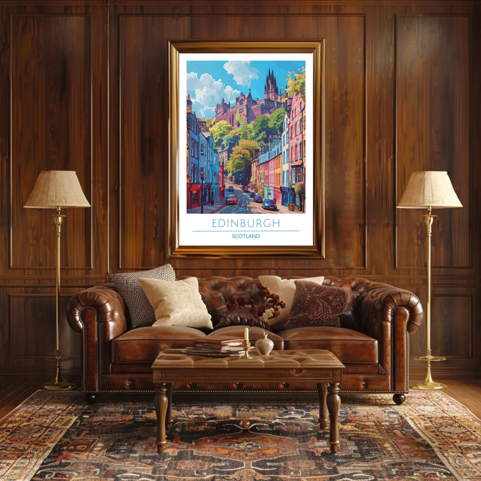 Edinburgh Street Scene with Castle Travel Poster