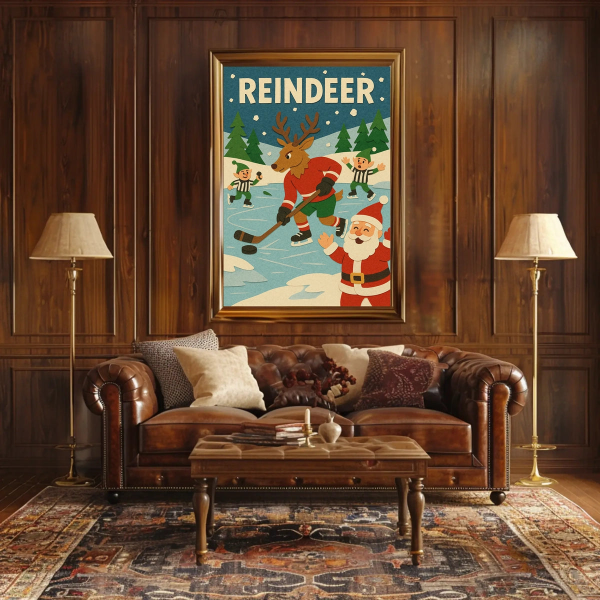 Festive Reindeer Ice Hockey Holiday Sports Poster