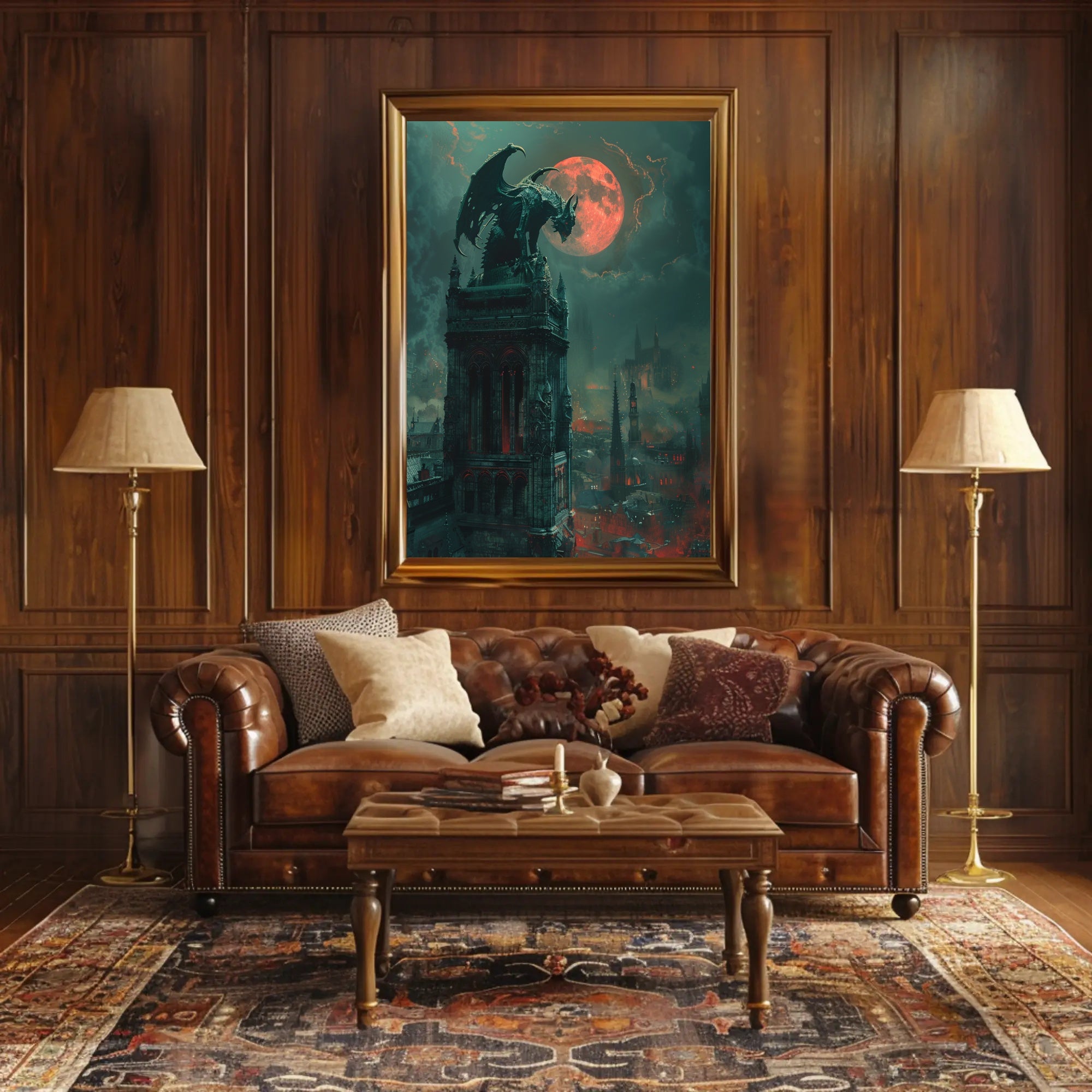 Gothic Fantasy Poster with Ominous Gargoyle and Red Moon PosterGoat