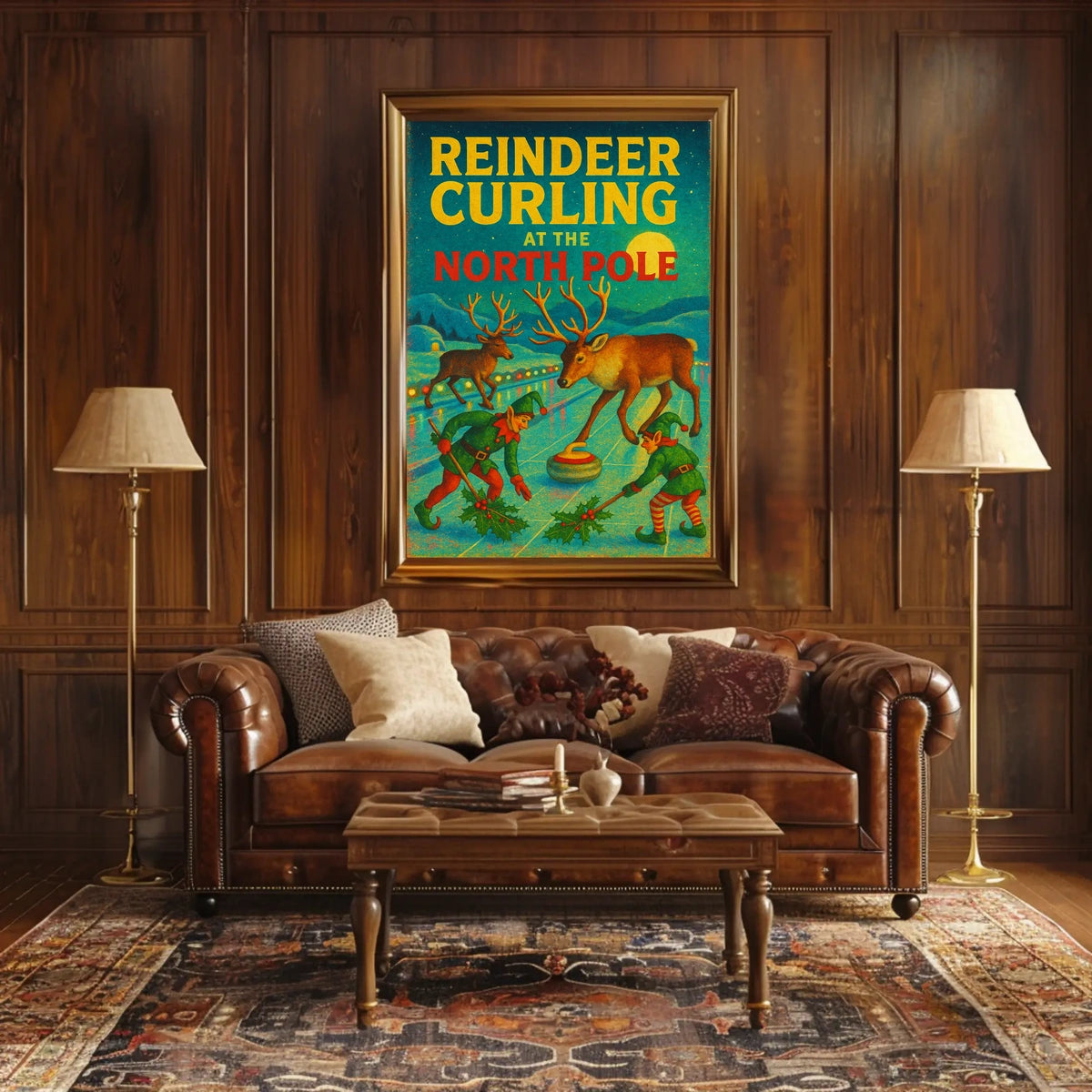 Reindeer Curling at the North Pole Poster