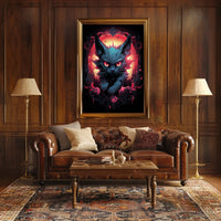 The poster features a striking, surreal illustration of a cat with intense, glowing Travel Poster