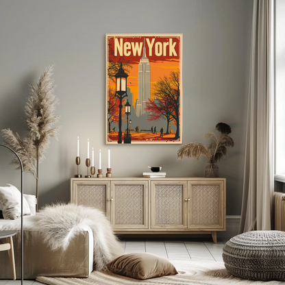 New York Orange Sky Autumn Cityscape Vintage Travel Poster