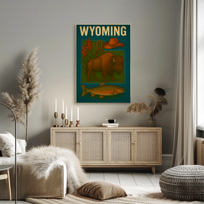 Wyoming Bison Fish Rope Hat Nature Vintage Travel Poster