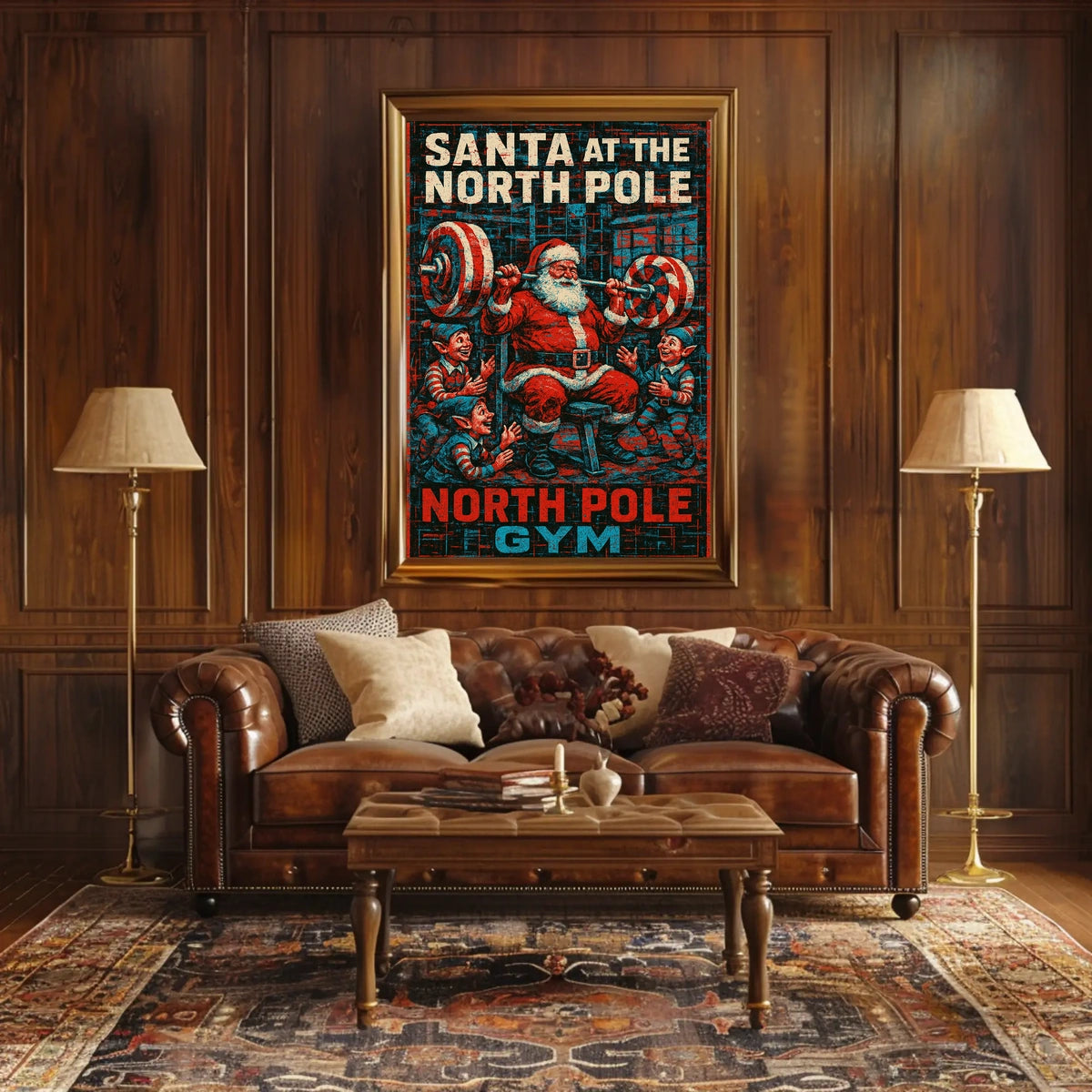 Santa Claus Weightlifting at Retro Gym Pop Culture Poster