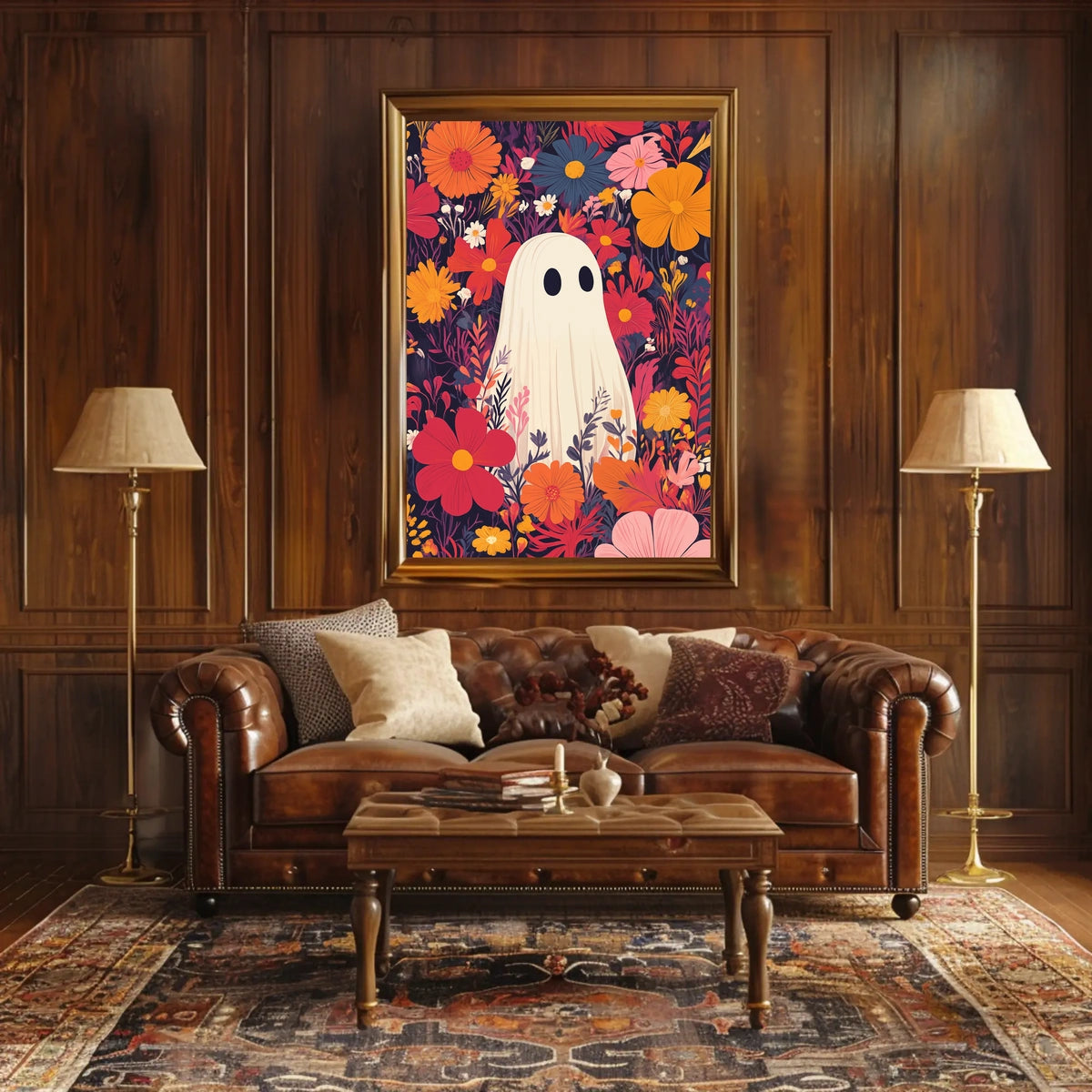 Ghostly Figure Amidst Flowers Whimsical Playful Poster
