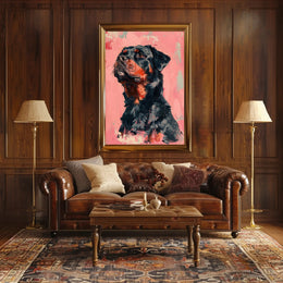 Vibrant Rottweiler Art on Textured Pink Background Animal Poster PosterGoat