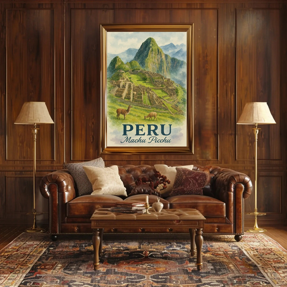 Machu Picchu Vintage Travel Poster with Llamas