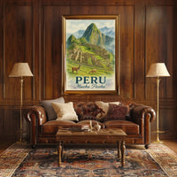 Machu Picchu Vintage Travel Poster with Llamas