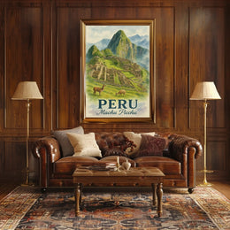 Machu Picchu Vintage Travel Poster with Llamas