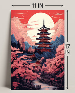 Tranquil Pagoda Under A Full Moon Poster