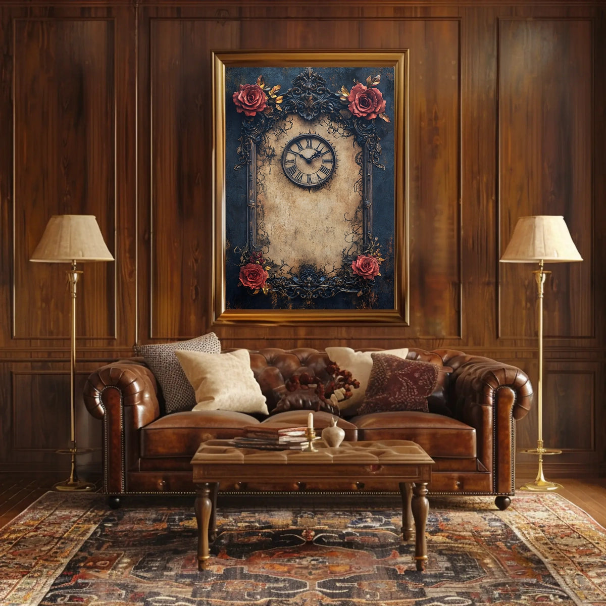 Vintage Clock and Roses: Baroque Victorian Heritage Poster