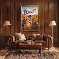 Child Running Through Sunflower Field At Golden Hour Poster