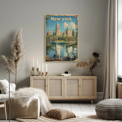 New York Central Park Skyline Lake Vintage Travel Poster
