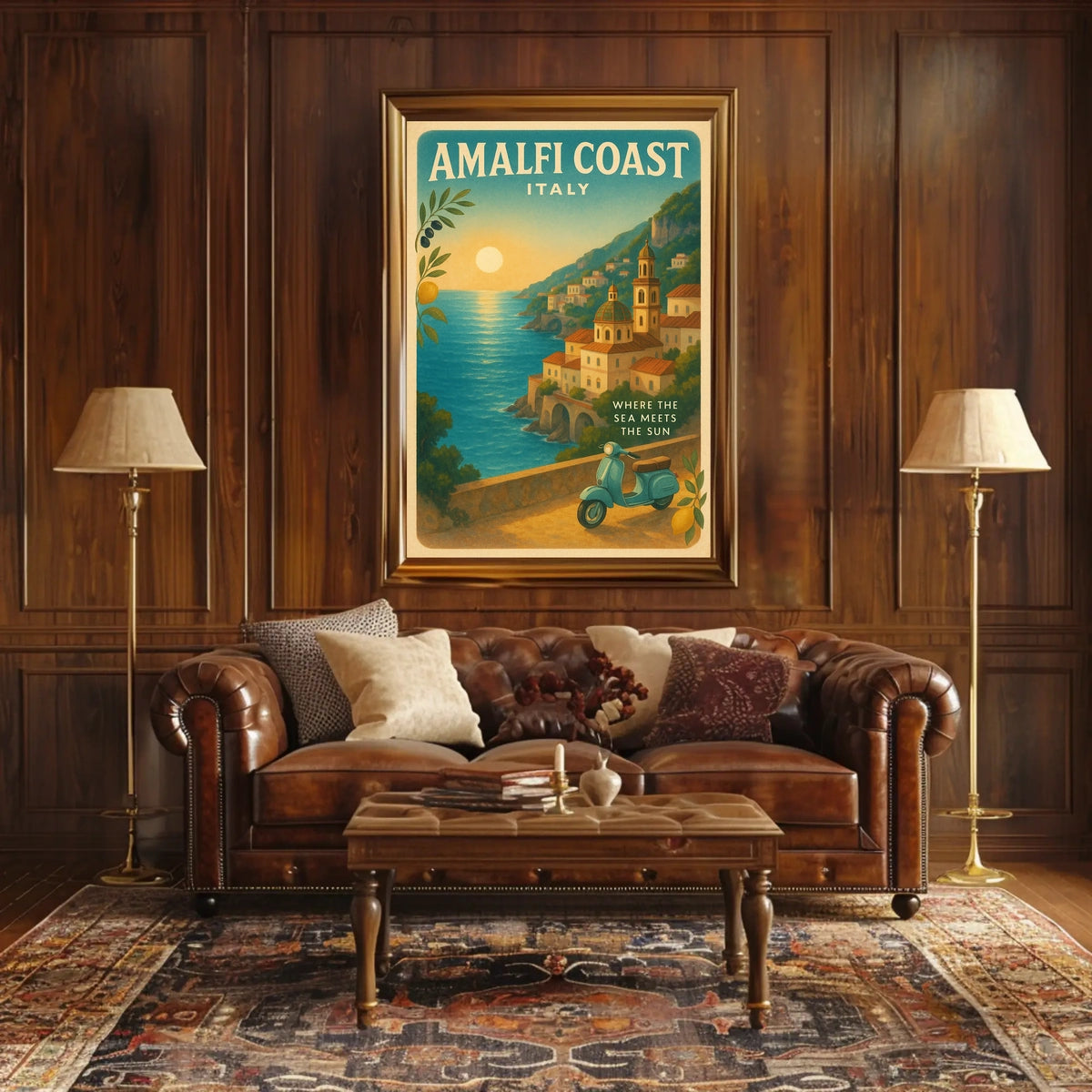 Amalfi Coast Vintage Travel Poster, Sunset Scene