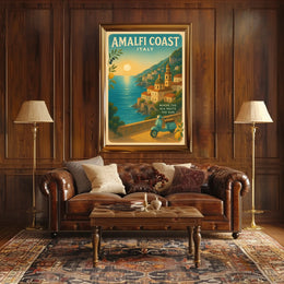 Amalfi Coast Vintage Travel Poster, Sunset Scene
