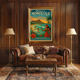 Honolulu Vintage Travel Poster Surf, Sun, Aloha Vibes