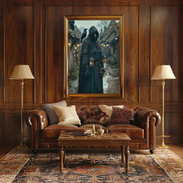 Mysterious Medieval Village Artwork with Plague Doctor Fantasy Poster PosterGoat