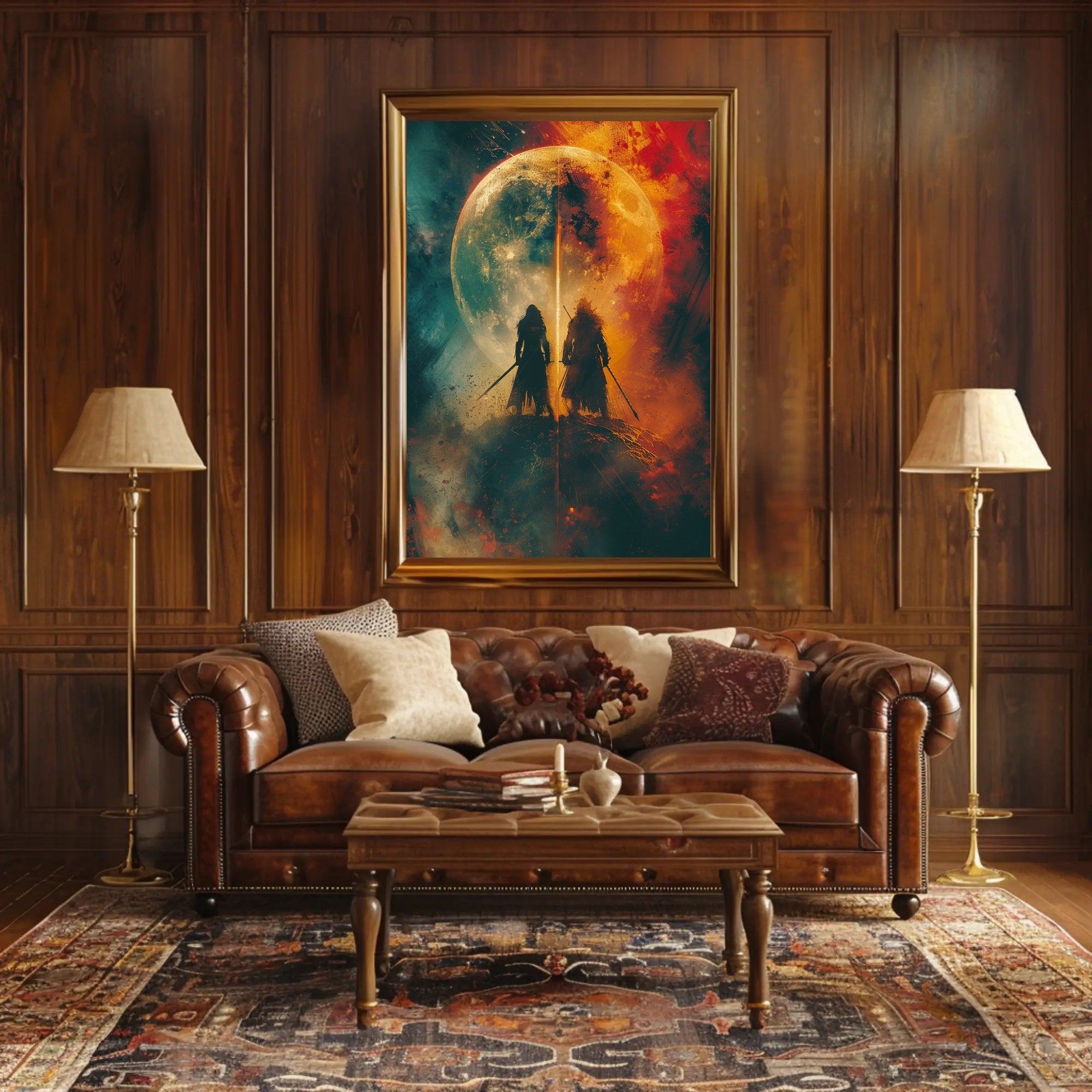 Celestial Warriors Under Twin Moons Fantasy or Mythology Poster PosterGoat