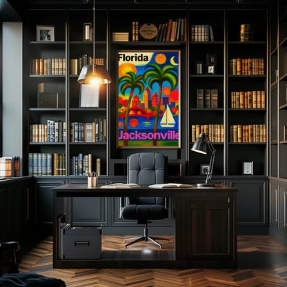Jacksonville Florida Vibrant Skyline With Sailboat Travel Poster