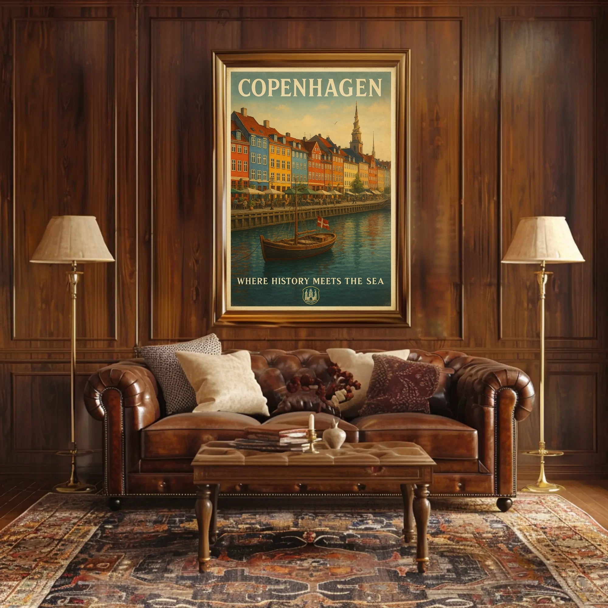 Copenhagen Waterfront Nyhavn Vintage Travel Scene Poster