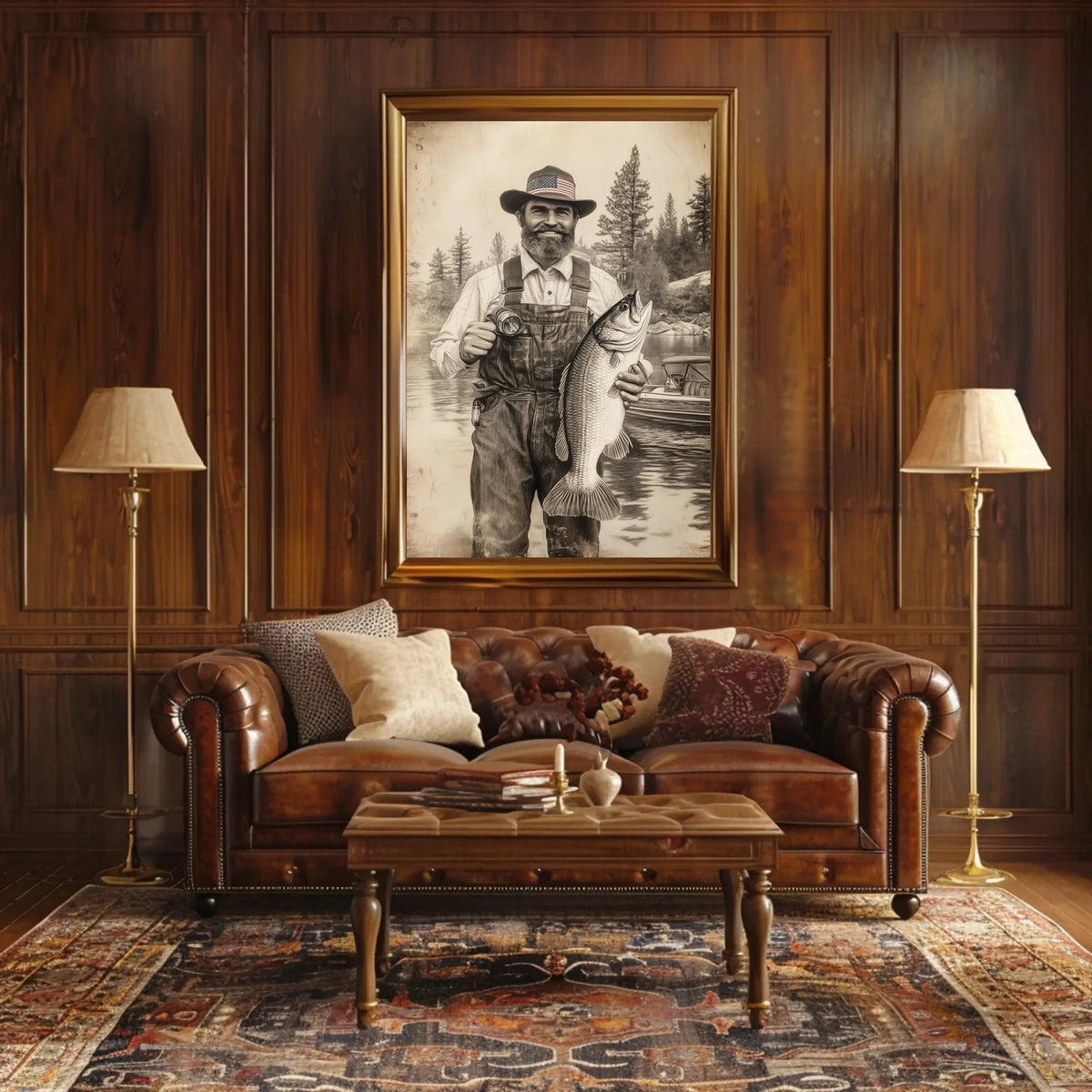 Vintage Fisherman Proudly Holds Large Bass Fishing Poster