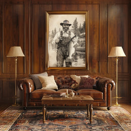 Vintage Fisherman Proudly Holds Large Bass Fishing Poster