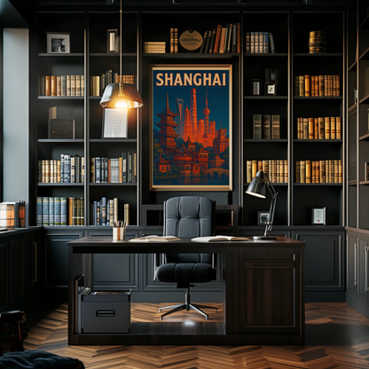 Shanghai Skyline and Pagodas Night Poster