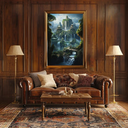 Fantasy Landscape with Pagodas and Waterfalls – Artistic Poster