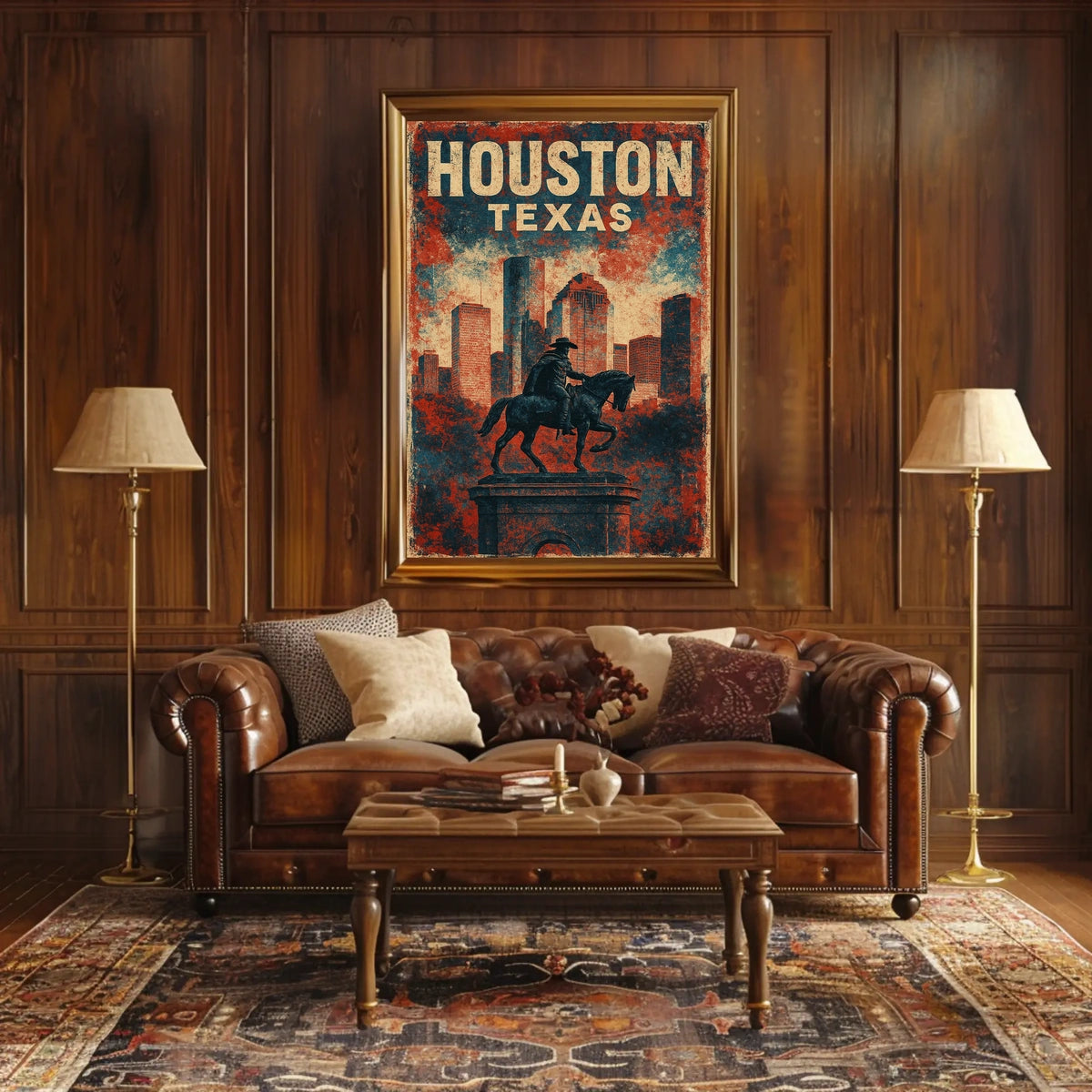 Patriotic Houston Skyline Cowboy Vintage Cityscape Poster